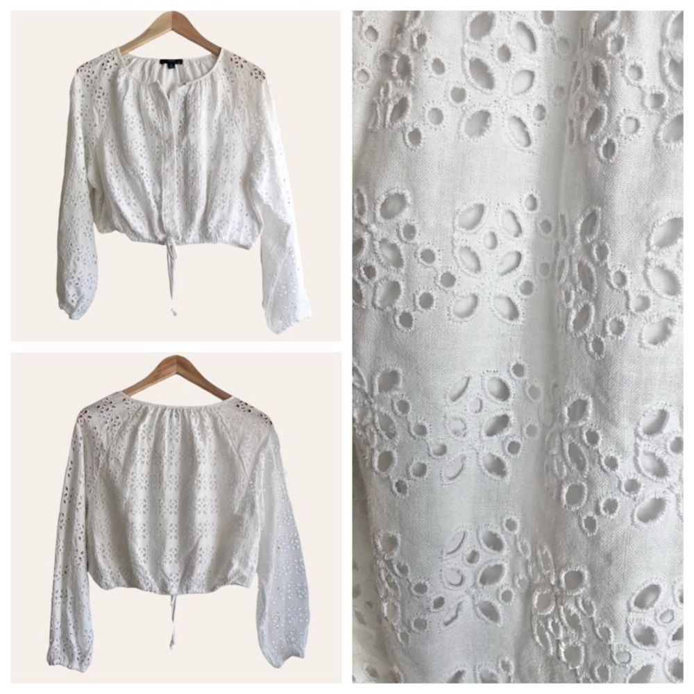 JCrew long sleeve linen blend eyelet long sleeve lace button front crop shirt